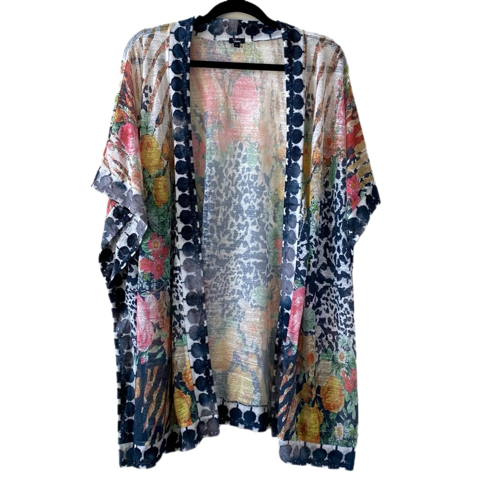 Shana Floral and Animal Print Kimono Open Cardigan, Large